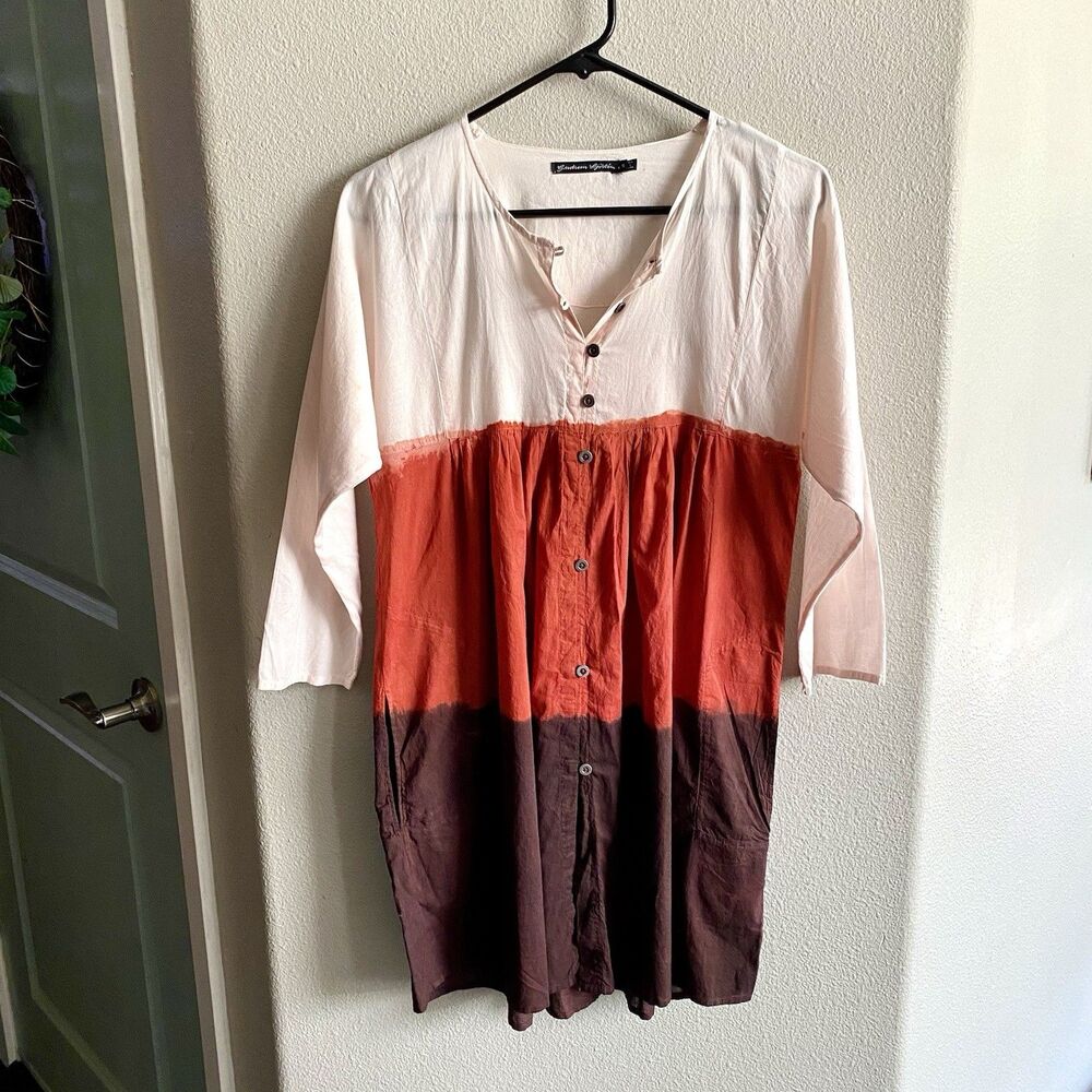 Gudrun Sjoden Dyed Ombré Pink Magenta Button Down Long Sleeve Tunic Size Small